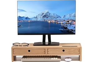 KIRIGEN Drewniany stojak na ekran z 2 szufladami Organizer na biurko Komputer Organizer Głośnik TV Laptop Stojak na drukarkę Biurko Stojak na biurko Naturalny kolor