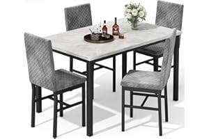 HOOSENG Dining Table and Chairs Set 4, Faux Marble Dining Table Set with 4 Upholstered Chairs, Space Saving Design for Small Room (Beige & Grey)