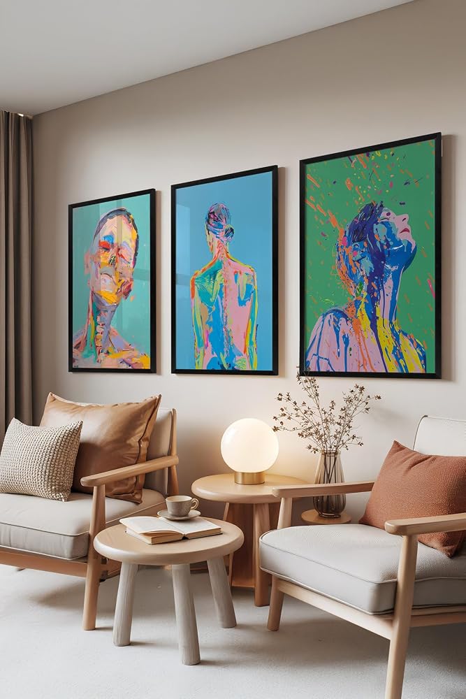 Zestia Siyah Çerçeveli 3’lü Tablo Seti Chromatic Emotion – Renkli Modern İnsan Figürleri Set 30127, 30 x 40