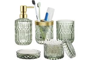 MLIJZARD Bathroom Accessories Set 5Pcs Glass Lotion Dispenser, Toothbrush Holder, Soap Dish, Tumbler & Jar, Stylish Bathroom Container Set Decor Organizer Ornaments Colors Optional