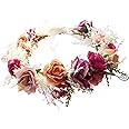 Brikuinr Floral Crown Headband Flower Garland Headband Hair Wreath Hair Garland Flower Halo Floral Headpiece Boho with Ribbon Wedding Party Festival Rosy