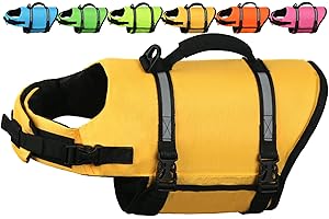 AMZNOVA Rip Stop Dog Life Jacket, Dog Buoyancy Aid for Swimming & Boating, Lightweight & Buoyancy for Doggy, Life Vest with Handle, L, Yellow