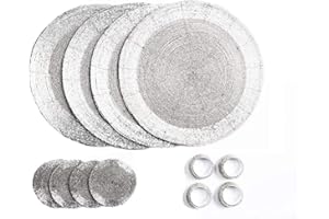 Penguin Home® - Set di 12 tovagliette, sottobicchieri e portatovaglioli con perline in vetro, colore argento, tovagliette rotonde, realizzate a mano da abili artigiani indiani, diametro 32 cm