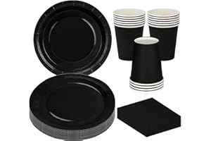 MestectPET 56 Stück Schwarz Partygeschirr Set, Pappteller Becher Servietten für 16 Gäste, Geschirr Set für Geburtstage Hochzeiten Babypartys Partys und Feiertage Tischdekorationen