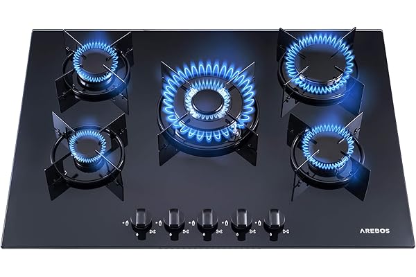 Arebos Plaque de cuisson à gaz 70 cm 5 brûleurs | Verre trempé | Encastrable avec supports en fonte | Compatible gaz naturel et propane | Sécurité d’allumage intégrée