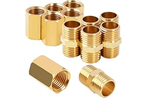 LUNPOEM 12PCS 1/4 "à 1/4" Femelle et Mâle BSP Filetage Laiton Hexagonal Mamelon et Connecteur de Couplage Hexagonal, 1 4 Pouce en Laiton BSP Mâle-Femelle, Mamelon et Manchon pour Air, Gaz, Eau