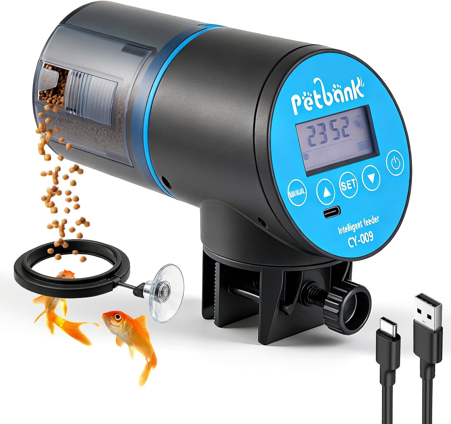 Petbank USB Charger Alimentador Automático Acuarios con Temporizador Recargable, Dispensador Comedero Acuario con Pantalla LCD, Dispensador Comida Peces Automatico, Azul