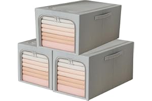 Resszo Lot de 3 Sac de Rangement Vetement, 56 L Boîte de Rangement Pliable avec Fermeture Éclair, Boîtes Vêtements Empilables avec Cadre Métallique pour Penderie, Draps, Édredons, Gris- 3x56 L