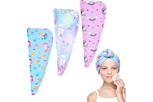 ‎XIALVYU Xialvyu 3 Stück Kinder Haarturban Mikrofaser Handtuch mit Knopf Cartoon Turban Handtuch Schnelltrocknend Einhorn Meerjungfrau Herz Motiv geeignet für Mädchen und Damen