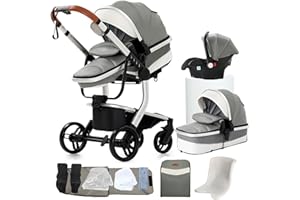 Veitoalioy Poussette combinée 3 en 1 en cuir synthétique - Poussette combinée confortable 3 en 1 - Kit complet - Aluminium haute paysage - Poussette pliable (518 gris)