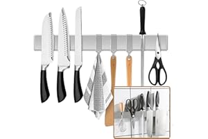 [Verbesserte 50cm]Trhillsbrad Magnetleiste Messer, 50cm Messerhalter Magnetisch mit 3 Haken Edelstahl Messerleiste Selbstklebend, Silbrig Wandhalterung Magnetleiste Ohne Bohren Messerhalter