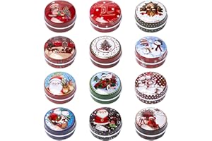 Sixfolo 12 Piezas Tarros de Metal para Velas Mini Lata Navideña con Tapa Latas de Vacias para Velas Caja Hojalata Redonda Caja Metalica Velas Pequeña para Regalos de Fiesta,Velas,Especias