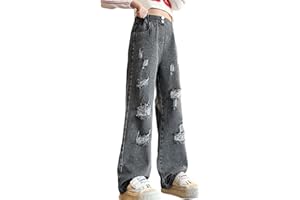 FEOYA Kids Girls' Casual Wide Leg Baggy Jeans Children Retro Denim Ripped Pants Loose Trousers Vintage Streetwear 5-14 Years