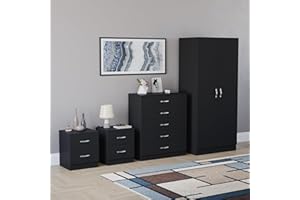 Vida Designs Riano 4 Piece Bedroom Set - 2 Drawer Bedside Chest, 5 Drawer Chest, 2 Door Wardrobe - Black