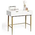 BTFY White Dressing Table for Bedroom - Honeycomb Design Vanity Desk with Drawers - Make Up Desk with Glossy Lacquer Finish - Geometric Console Table, Gold Legs & Handles - For Home Office