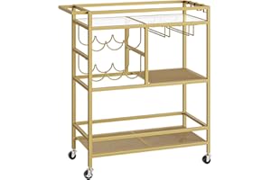 MAHANCRIS Carro de Bar para el Hogar, Carrito de Servicio de 3 Pisos con Ruedas y Asa, Carro de Bebidas con Botellero y Portavasos, Carrito para Cocina, Comedor Oro ARCJ61B01