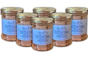 AIA DE MÂ SERGIO MARCHETTI Aia de Mâ Filetti di tonno sott'olio di Alta qualità, 6 Vasetti in Vetro da 190Gr, Tonno olio oliva dal gusto Saporito e Autentico, Filetto di tonno pinna gialla in Vetro, Lavorato a Mano