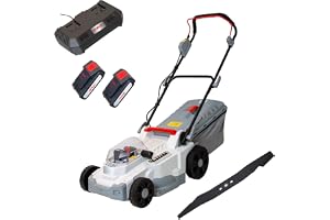 IKRA gräsklippare ICM 2/2037, inkl. reservkniv, 2 batterier 20 V, laddare | Klippbredd 37cm, klipphöjd 25–75mm, mulchgräsklippare för gräsmattor till 250 m², uppsamlingspåse 40 l, 20 V-serie från IKRA
