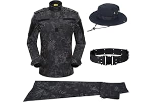 CHINWHI QHIU Uniforme Tactique Militaire Combat Camo Suit Chemise Manches Longues & Pantalon et Ceinture & Chapeau de Boonie pour Randonnée Airsoft Paintball BDU de Plein air Hommes