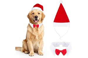 MELLIEX 2 Pièces Costume de Noël pour Chien Chat, Ensemble de Chapeau Noeud Papillon de Chien de Noël Réglable pour Animaux de Compagnie(46cm