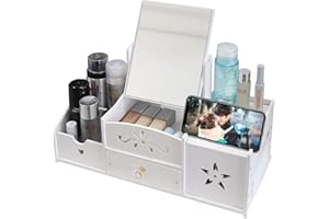 LEcylankEr Organizador de Maquillaje Multifuncional, Organizador de Baño de Mesa Blanco, Caja Organizadora de Maquillaje con Espejo, Caja Maquillaje Organizador con Cajones (espejo cuadrado)