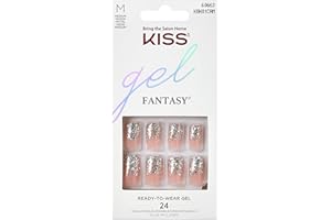 KISS Gel Fantasy Collection Glue-On Manicure Kit, Fanciful, Medium Length Square Fake Nails Includes 28 False Nails, Nail Glue, Nail File, and Manicure Stick