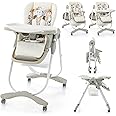 COSTWAY High Chair for Babies and Toddlers, Adjustable & Folding Baby Highchair with Lockable Wheels, Removable Double Trays, 5 Point Harness, Storage Basket (White)