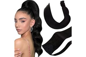 ‎HETTO Hetto Schwarz Echthaar Zopf Extensions Wrap Around Pfredeschwanz Echthaar Extensions Remy Echthaar Extensions Ponytail Glatt Schwarz #1 40 cm 80g