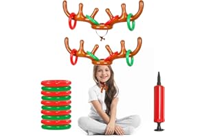DRTRU 11pcs Christmas Party Toss Game Inflatable Reindeer Antler Hat with Rings for Family Children Office Xmas Holiday New Year Party Fun Games(2 Inflatable Antler, 8 Rings Toss and 1Pump)