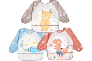 Vicloon Baby Lätzchen mit Lange Ärmeln,3PCS Ärmellätzchen Wasserdicht,Süßer Tierstil Baby Bibs Set für Essen Kunst Handwerk Malerei Bemalen Spielen für 6-24 Monaten