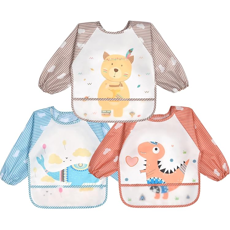 Lvjkes slabbetje met mouwen, slabbetje voor baby's, 2 stuks waterdichte slabbetjes met lange mouwen en een zak voor het opvangen van levensmiddelen voor peuters van 2-4 jaar, blauw en groen, blauw en