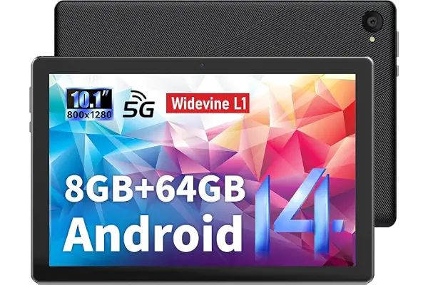 Tablet 10 Pulgadas - HotLight Tablet Android 14 8GB RAM+64GB ROM(1TB TF), 1280 * 800 FHD IPS, Cámara 8MP+5MP, Batería 5000mAh, GMS Certificación Widevine L1, Facciale ID, OTG, 5G+2.4G WiFi 6, BT5.4