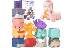 LESONG Baby Blocks Soft Building Blocks, Educational Squeeze Play for Toddlers 6 9 12 Months, Cute Animal Baby Montessori Toys, Sensory Stacking Teether Toys for Infant