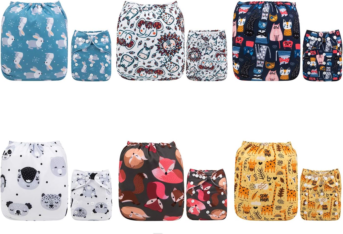 ALVABABY Pack 6pcs Pañales de tela ajustables y lavables de bolsillo + 12 insertos 6DM19-ES