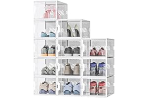 MYHMCT Shoe Storage Box, 12 Pack Clear Plastic Stackable Shoe Boxes Shoe Organizer Containers with Lids for Women/Men,Fit up to UK 12 (White)
