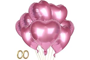 ROJINKADE 10Pcs Pink Heart Balloons Foil Heart Balloons for Valentines Day, 18 Inch Love Heart Shape Balloons, Heart Balloons Helium for Engagement Wedding Anniversary Baby Shower Birthday Party Decorations