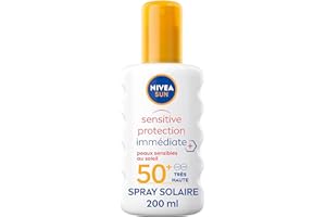 NIVEA SUN Spray solaire Sensitive protection immédiate FPS 50+ (1x200 ml), protection solaire adaptée aux peaux sensibles, écran solaire texture légère & non grasse