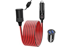 HOEMBPN 1.5M 17AWG Cable de Extensión para Mechero de Coche a Enchufe LED con Fusible 15A,12V/24V Mini Cargador Mechero Dual USB Carga Rapida Encendedor de Cigarillo Adaptador para Barcos,Camiones