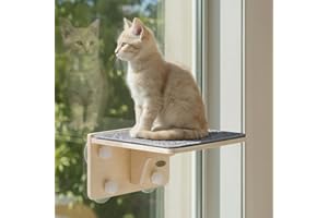 Pecute Cat Window Hammock & Wall Shelf, Sturdy Solid Wood Frame, 4 Swivel Suction Cups, Cat Window Bed Anti-Scratch & Washable Carpet Cover, Space-Saving Suitable for Cats Sunbathing, Hold Up to 18kg