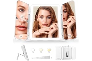 SEJOY Specchio Trucco Con Luci, portatile illuminato da viaggio, specchio ingranditore 1X/3X/7X con luci, specchio da vanità a tre colori, luminosità regolabile, ricaricabile, per tavolo, bagno