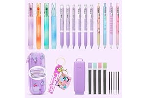 CICIGETI Set di 6 Penne Cancellabili per Scuola Elementare, 4 Evidenziatori, 4 Portamine, 1 Astuccio, Regalo per Bambina, Viola