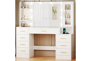 ANWBROAD Grande Tocador con Espejo y Luces LED Regulables Tocador de Maquillaje con Vidrio y Enchufes,Mesa de Maquillaje con 8 cajones 3 estantes Abiertos y 5 Ganchos para Joyas Moderno Blanco BDT88W