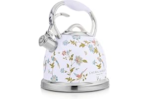 Laura Ashley Elveden Bianco Bollitore Induzione da 2,5 L di VQ - Ebollizione Rapida Bollitore Gas con Fischio per Piastra a Gas, Fornello induzione o Altre Cucine con Meccanismo a Pulsante