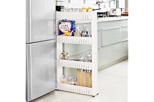 SKY-TOUCH 4 Tier Kitchen Plastic Storage Shelf Slim, Mobile Narrow Rolling Cart with Wheels, Storage Cart for Kitchen Bathroom Laundry Office Narrow Places