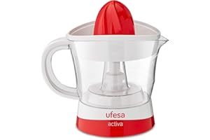 ‎UFESA Ufesa Zitruspresse EX4936 Elektrische Entsafter,25 Watts, 0,7 Liter , 2 Kegeln, Zwei Drehrichtungen, weiß / rot