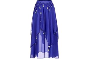 inhzoy Femme Jupe de Danse du Ventre Belly Jupe Longue Danse Orientale en Mousseline de Soie Foulard à Sequin Écharpe Costume Performance Dansewear