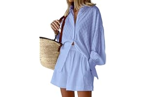 Yassiglia Women's Summer 2Pcs Outfit Sets Long Sleeve Lapel Button Down Shirt + Wide Leg Shorts Streetwear Loungewear