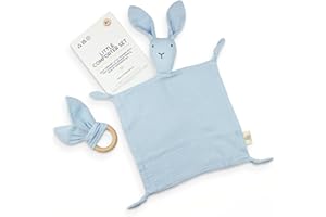 Little Giggles Co.® Bunny Baby Comforter - Soft Cotton Muslin Comforter Security Blanket & Sensory Toy in Baby Blue - Newborn Baby Boy Gifts