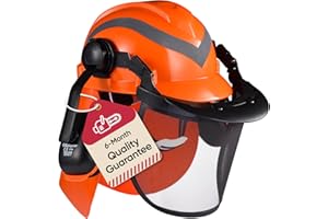 SAFEYEAR Pro Casco Forestale con Cuffie Regolabili, Visiera a Maglie & Occhiali Antiurto. M-5009OR Casco di Sicurezza EN397 per Motoseghe, Lavori Forestali, Edile e Industria.