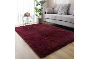 Hiser Rugs Tapis de Salon à Poils Longs Tapis de Sol Moelleux Shaggy Doux et Confortable Moderne Tapis Antidérapant Décoration Intérieure Tapis Moelleux pour Salon Chambre (Vin Rouge,120x160cm)